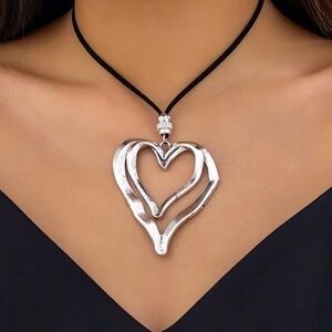 Silver Double Chunky Heart Necklace size 47”